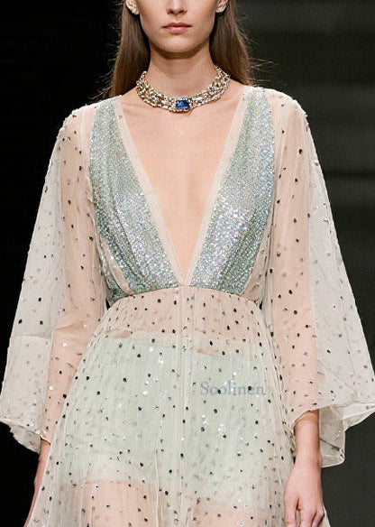 Beige Sequins Sheer Tulle Beach Dresses Summer