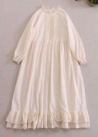 Beige Ruffled Cotton Dresses Long Sleeve