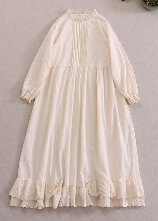 Beige Ruffled Cotton Dresses Long Sleeve