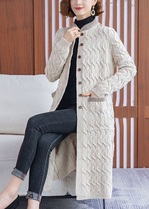 Beige Stand Collar Pockets Knit Long Cardigans Winter