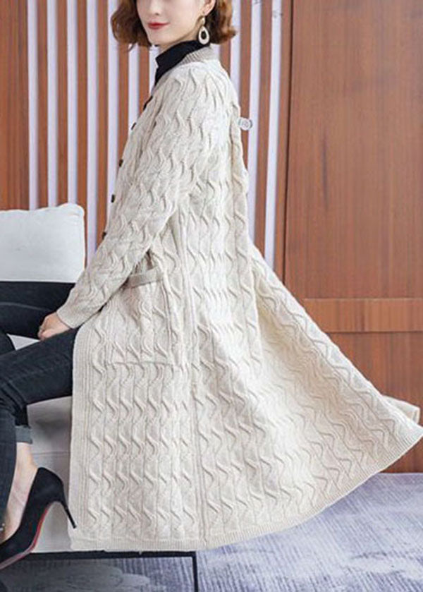 Beige Stand Collar Pockets Knit Long Cardigans Winter
