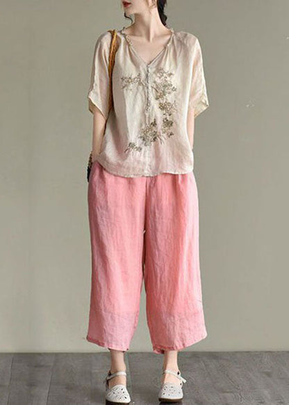 Beige V Neck Embroideried Patchwork Linen Top Summer