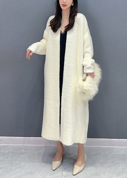 Beige V Neck Patchwork Mink Hair Knitted Loose Cardigan Fall