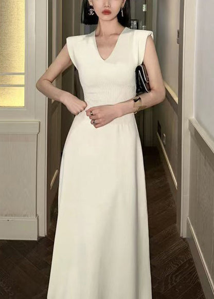 Beige V Neck Cotton Long Dresses Sleeveless