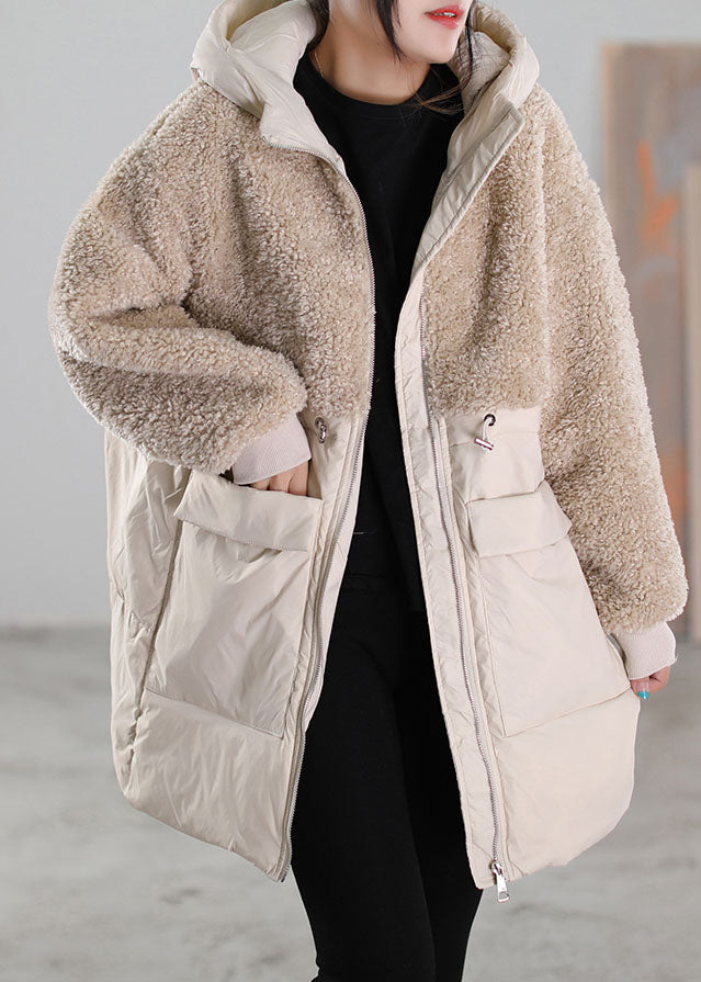 Beige Zip Up Patchwork Faux Fur Down Coat Winter