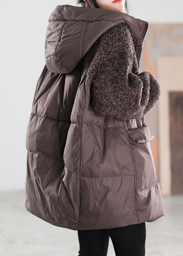Beige Zip Up Patchwork Faux Fur Down Coat Winter