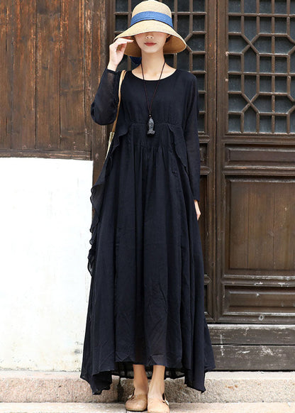 Black Asymmetrical Design Cotton Loose Dress Long Sleeve