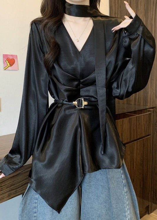 Women Black Asymmetrical Design Draping Silk Tunic Shirts Fall