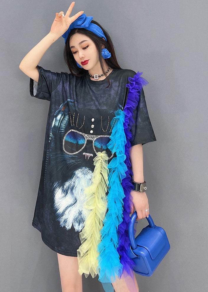 Black Asymmetrical Design Tulle Patchwork Print Dress Short Sleeve
