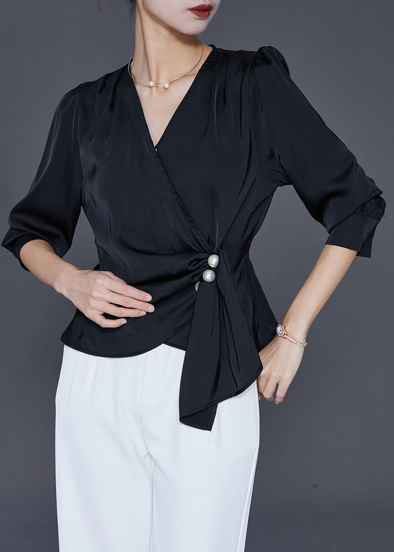 Black Asymmetrical Draping Silk Shirt Tops Fall