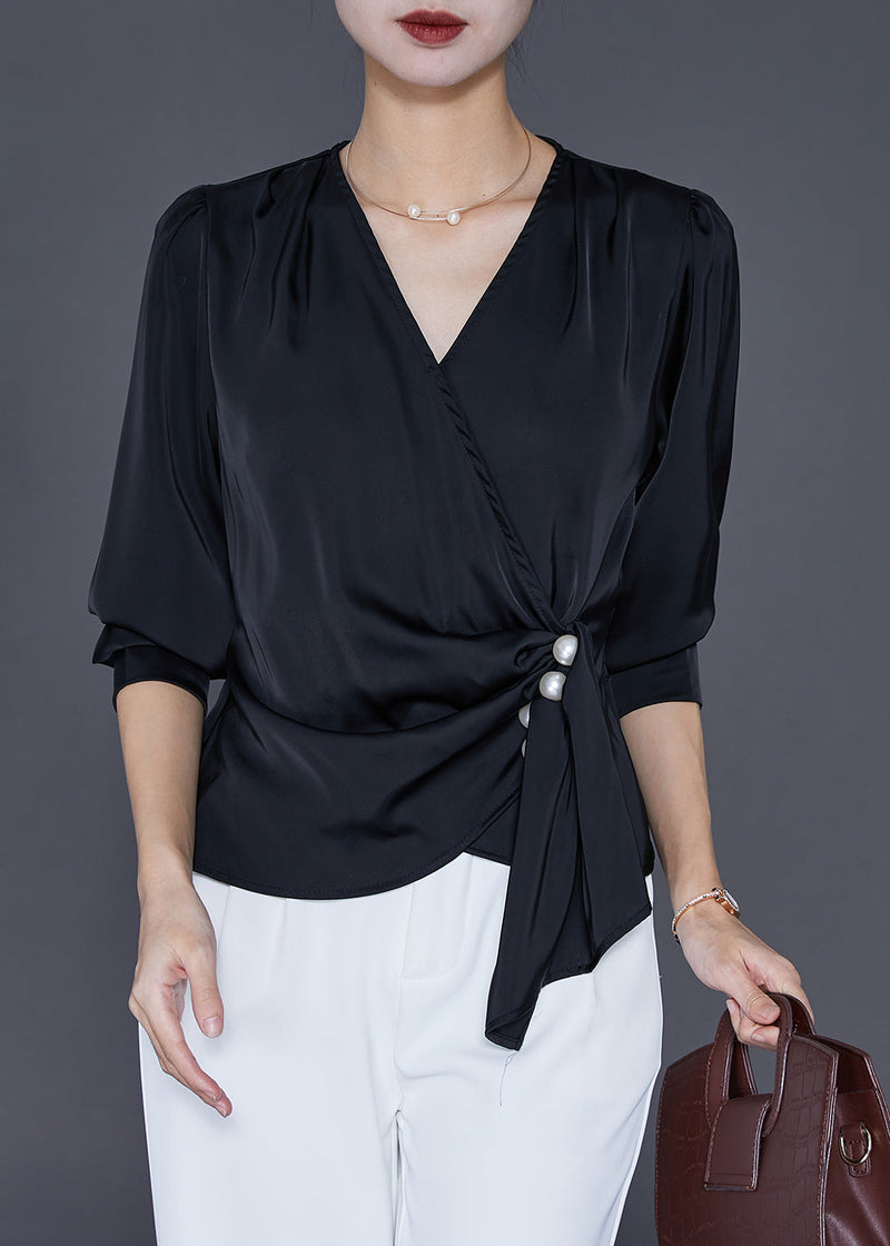 Black Asymmetrical Draping Silk Shirt Tops Fall
