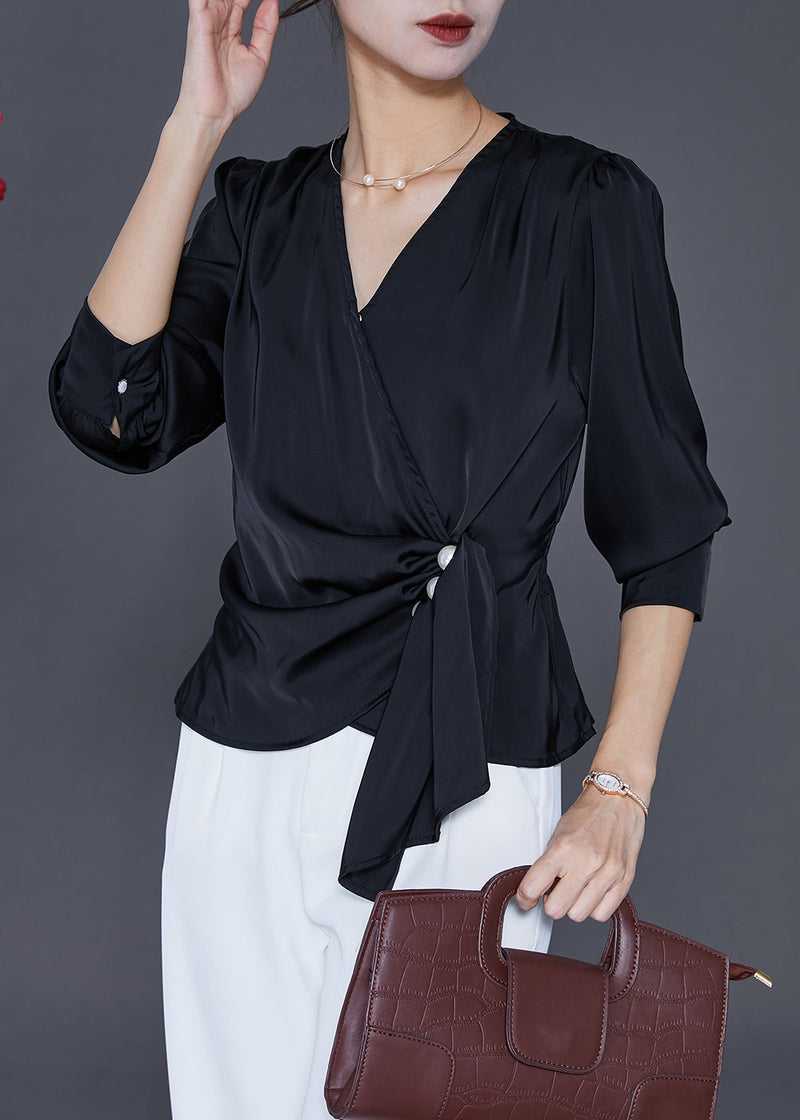 Black Asymmetrical Draping Silk Shirt Tops Fall