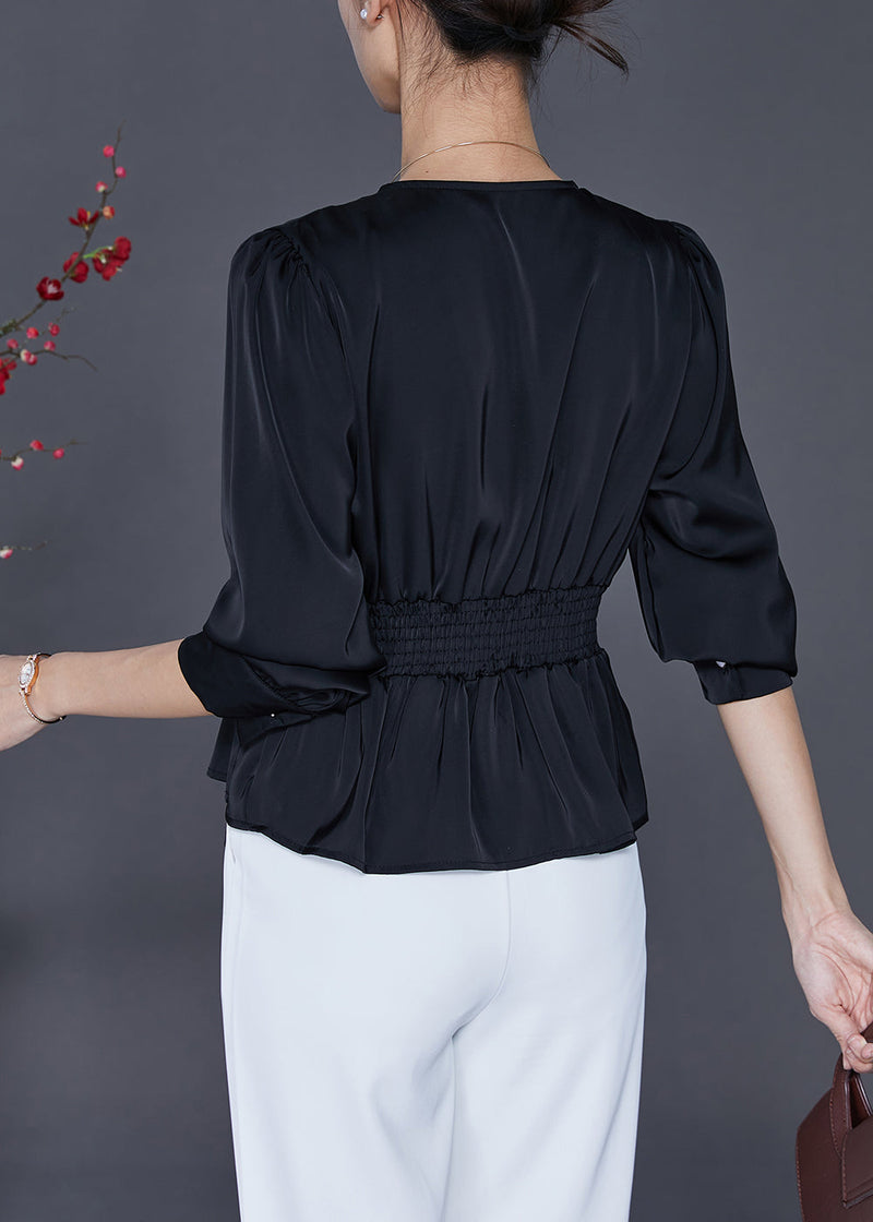 Black Asymmetrical Draping Silk Shirt Tops Fall