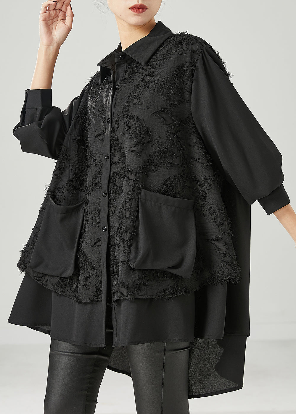 Black Asymmetrical Patchwork Cotton Shirt Dress Spring