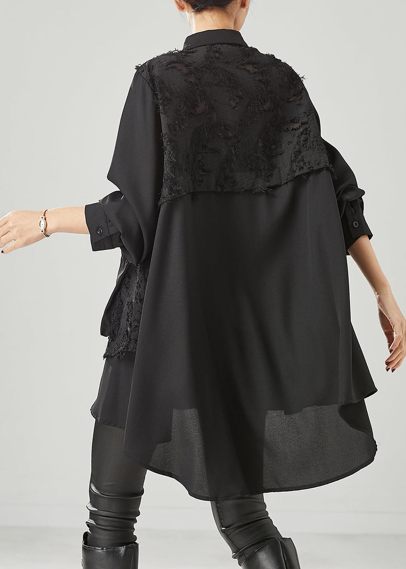 Black Asymmetrical Patchwork Cotton Shirt Dress Spring