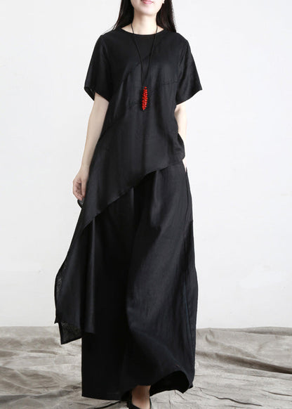 Black Asymmetrical Linen Top and Pants Two Pieces Set Short Sleeve