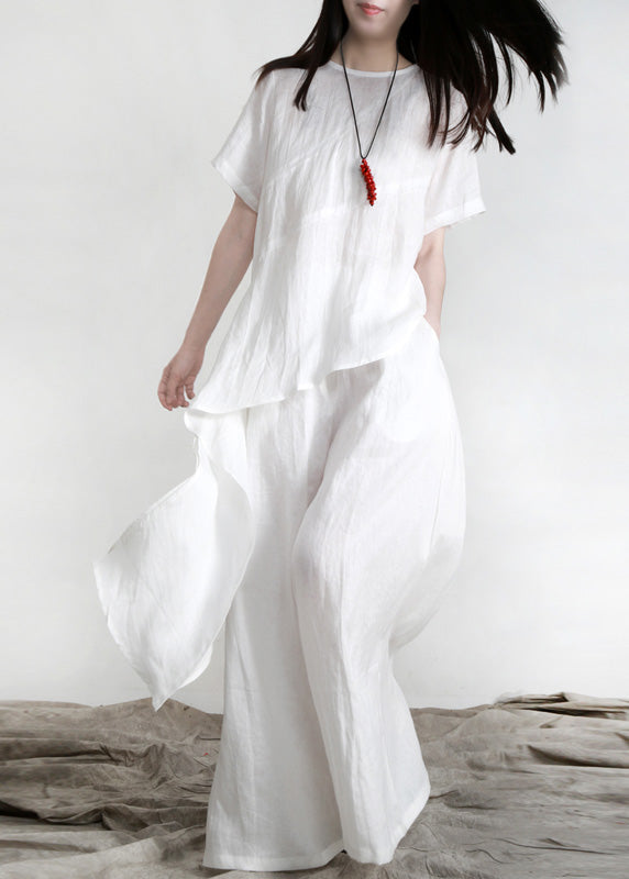 Black Asymmetrical Linen Top and Pants Two Pieces Set Short Sleeve