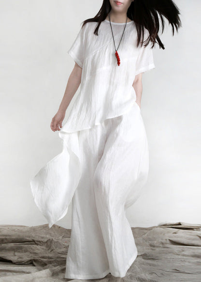 Black Asymmetrical Linen Top and Pants Two Pieces Set Short Sleeve