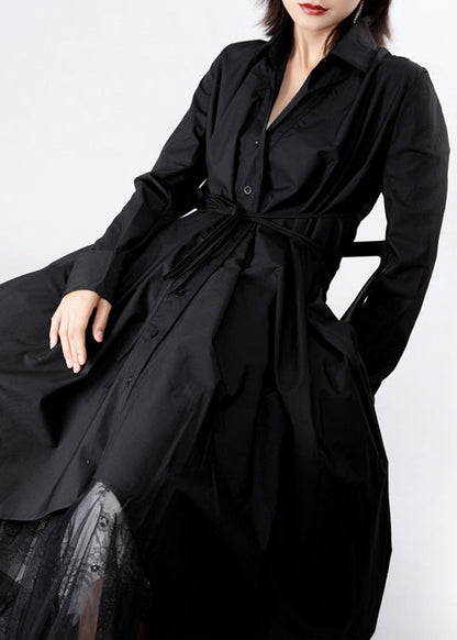 Black Asymmetrical Tie Waist Long Dresses Long Sleeve