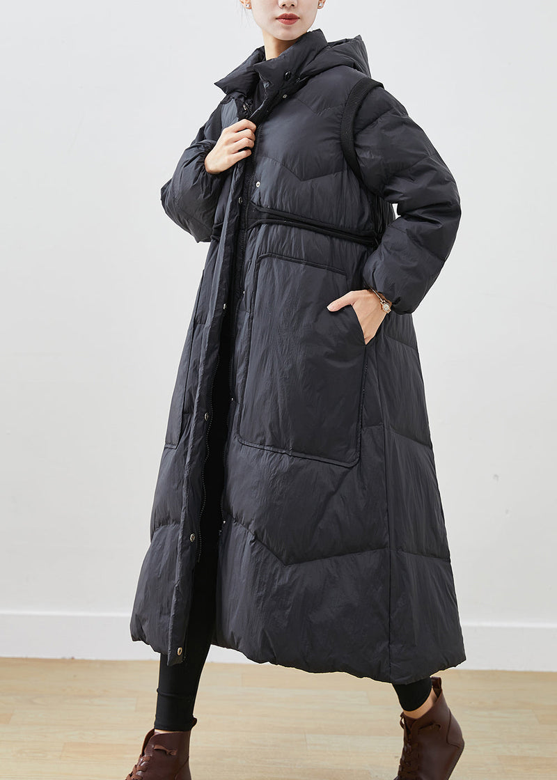 Black Cinched Big Pockets Cotton Blend Down Coat Winter