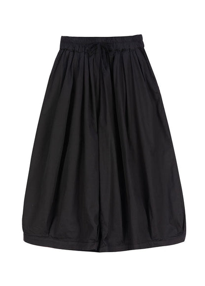 Black Cinched Pockets Cotton Lantern Pants Spring