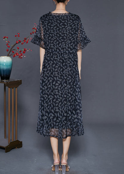 Black Cinched Print Chiffon Long Dresses Summer