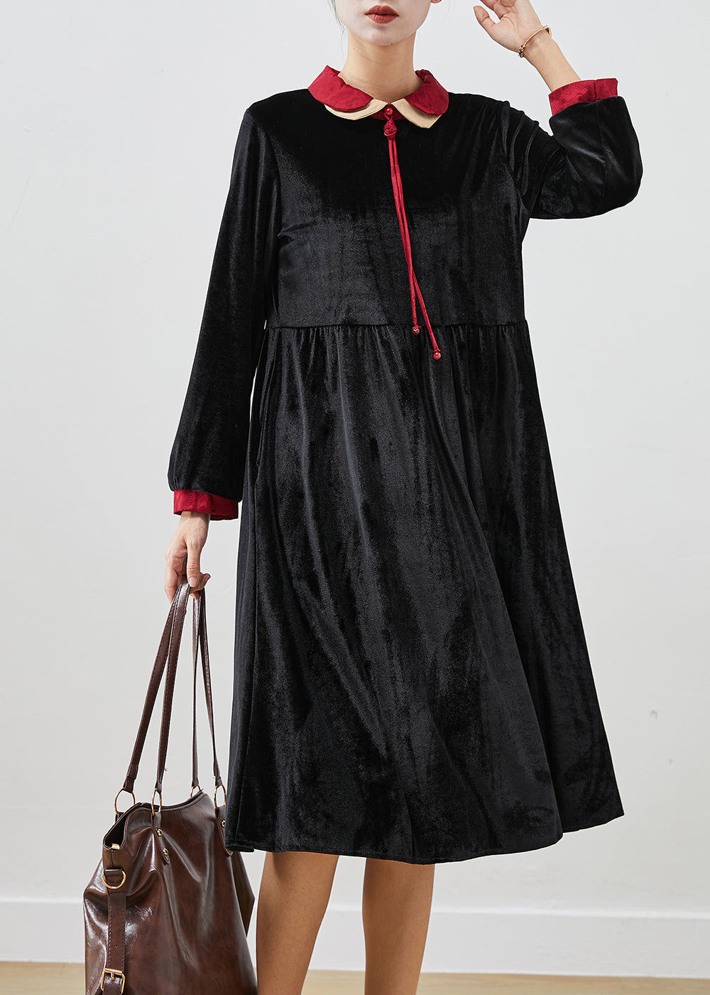 Black Double-layer Tasseled Silk Velour Robe Dresses Fall