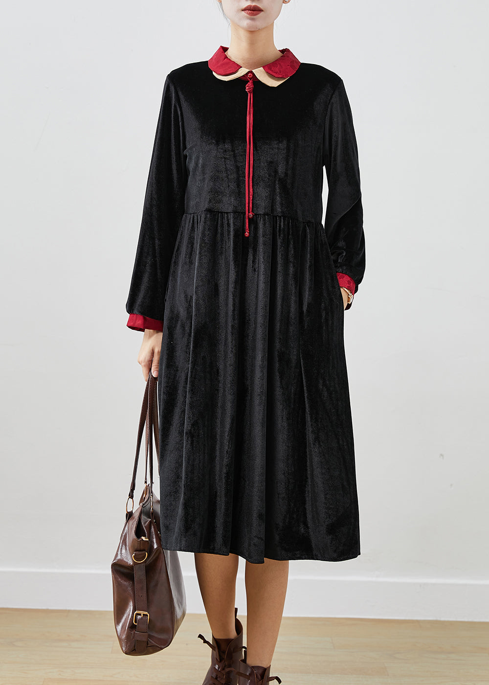 Black Double-layer Tasseled Silk Velour Robe Dresses Fall