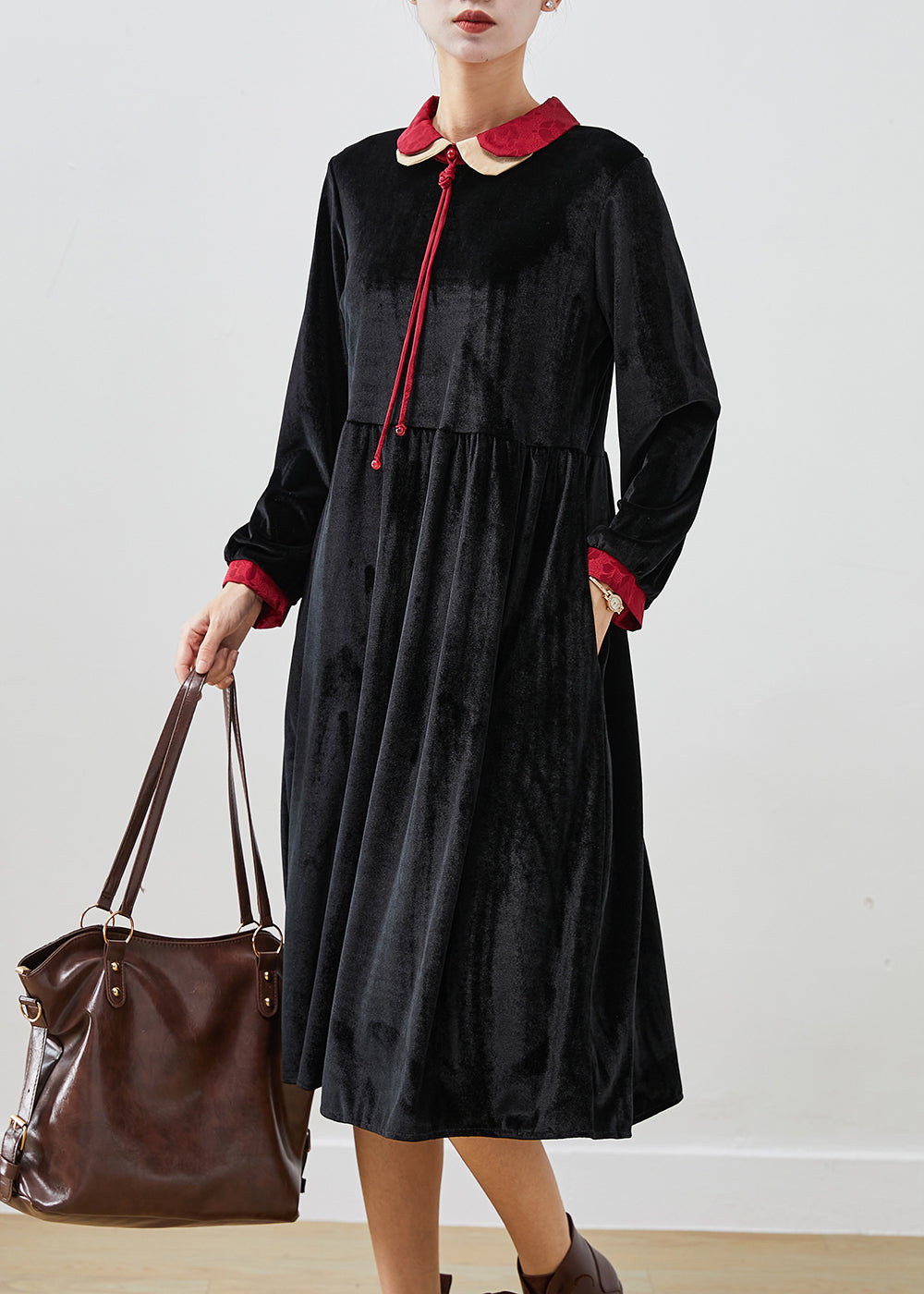 Black Double-layer Tasseled Silk Velour Robe Dresses Fall