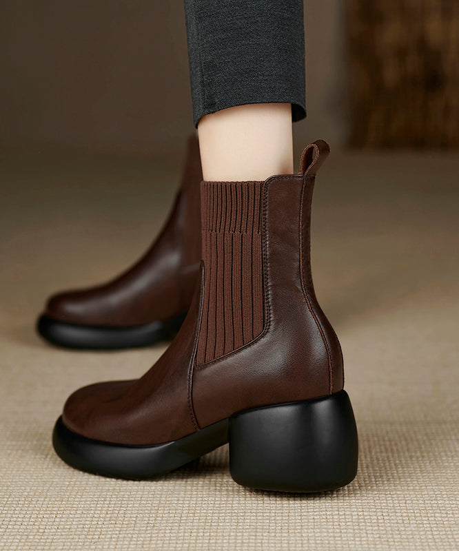 Black Elastic Fabric Splicing Cowhide Leather Chunky Boots