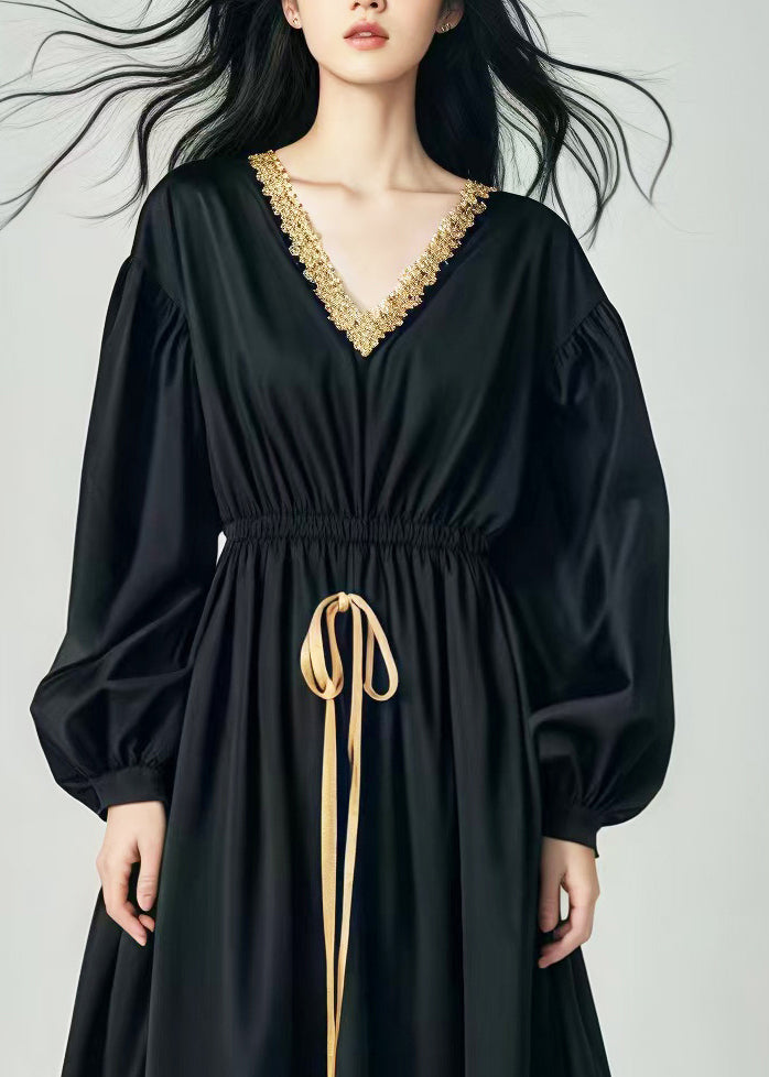 Black Elastic Waist Patchwork Exra Large Hem Cotton Dress Spring
