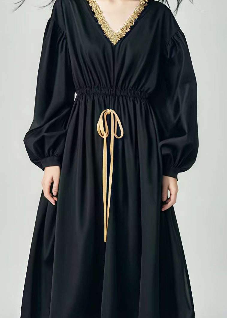 Black Elastic Waist Patchwork Exra Large Hem Cotton Dress Spring