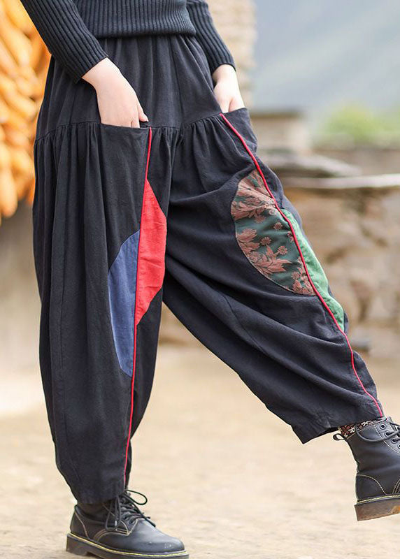 Black Elastic Waist Pockets Patchwork Warm Fleece Pants Winter