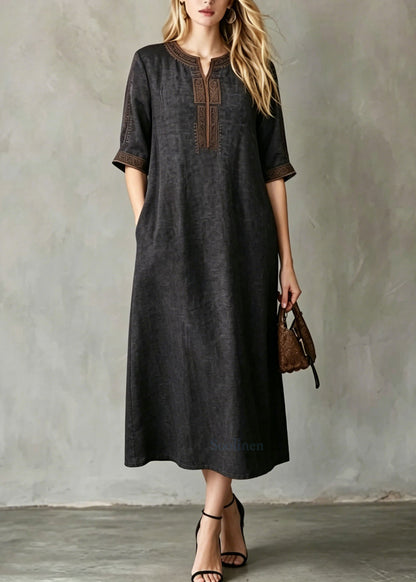 Black Embroidered Button Silk Maxi Dresses Summer
