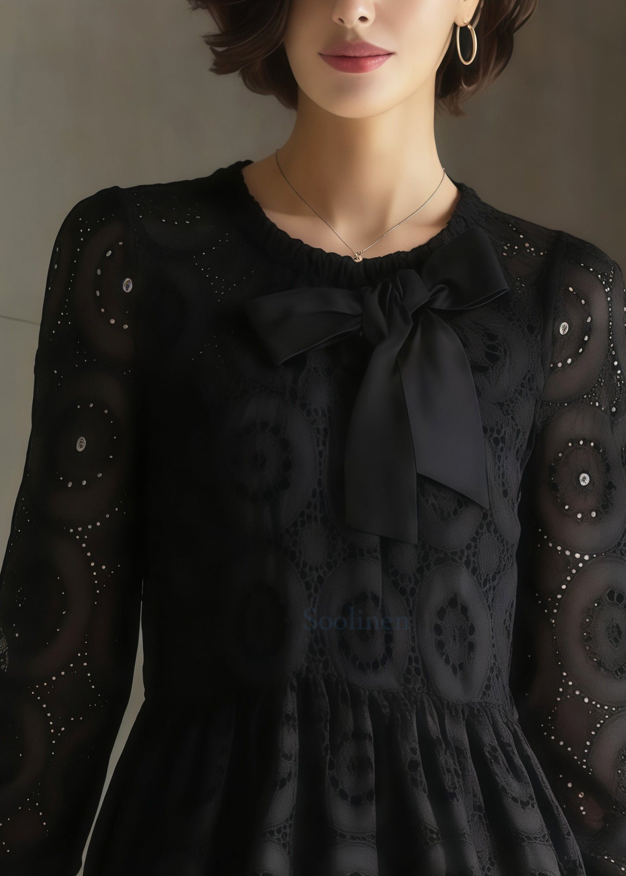 Black Embroidered Hollow Out Cotton Tea Dress Spring