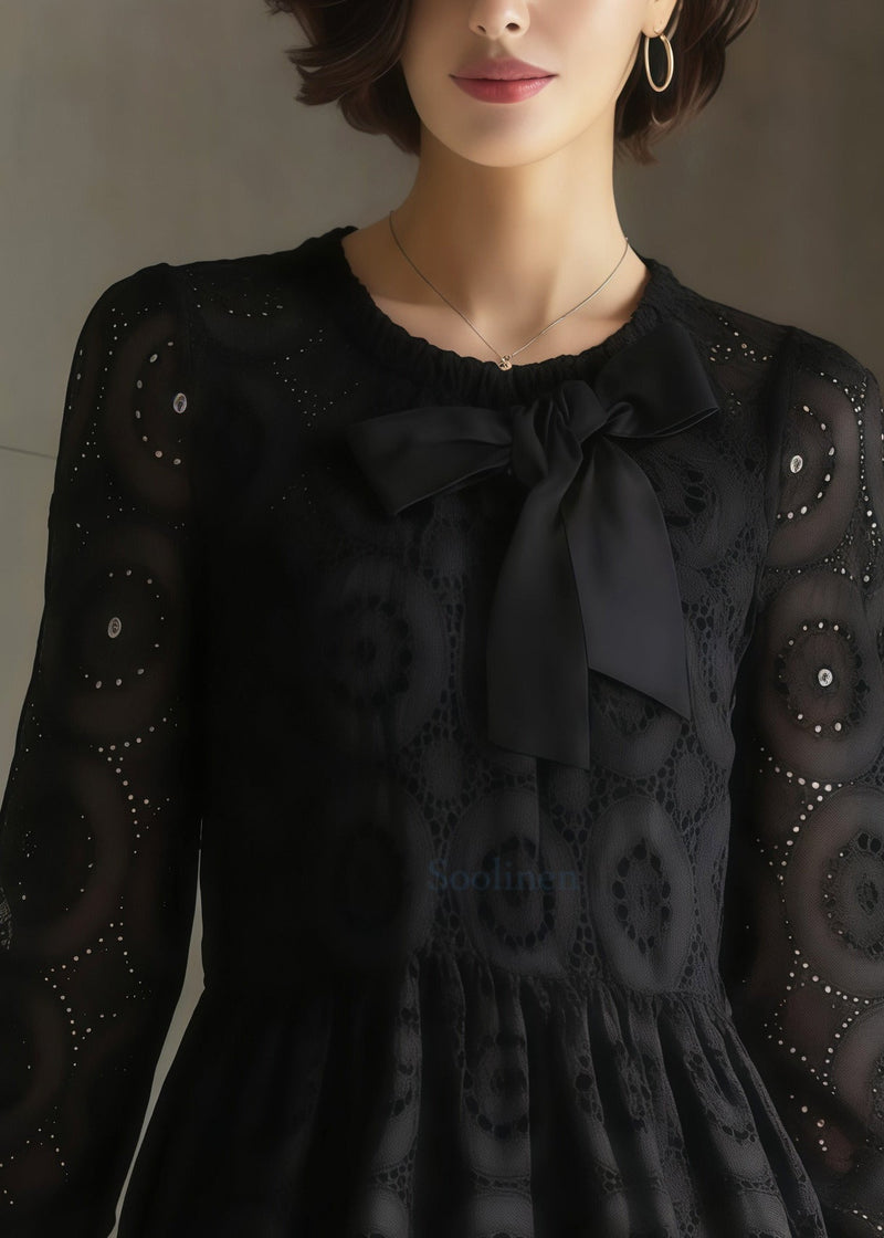 Black Embroidered Hollow Out Cotton Tea Dress Spring
