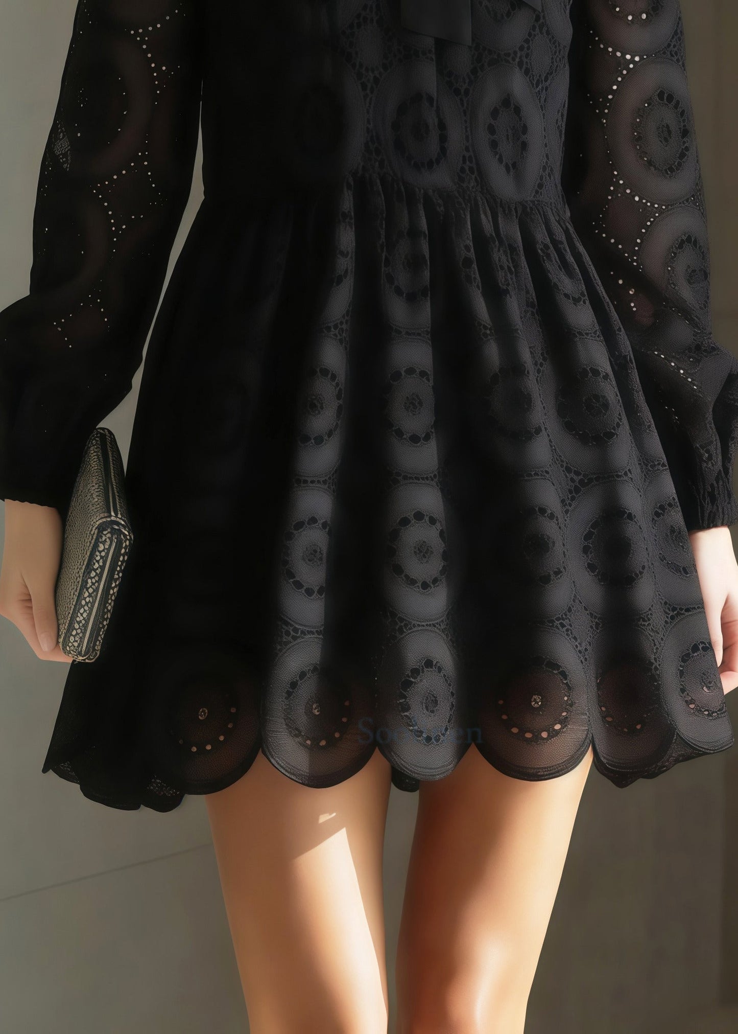 Black Embroidered Hollow Out Cotton Tea Dress Spring