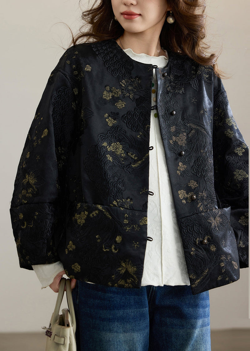 Black Embroidered Patchwork Silk Oriental Coats Spring