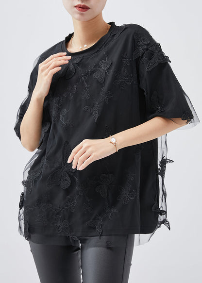 Black Embroideried Butterfly Tulle Tops Summer