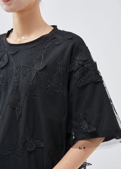 Black Embroideried Butterfly Tulle Tops Summer