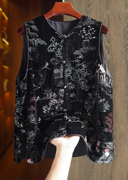 Black Embroidered Button Patchwork Silk Velour Waistcoat Fall