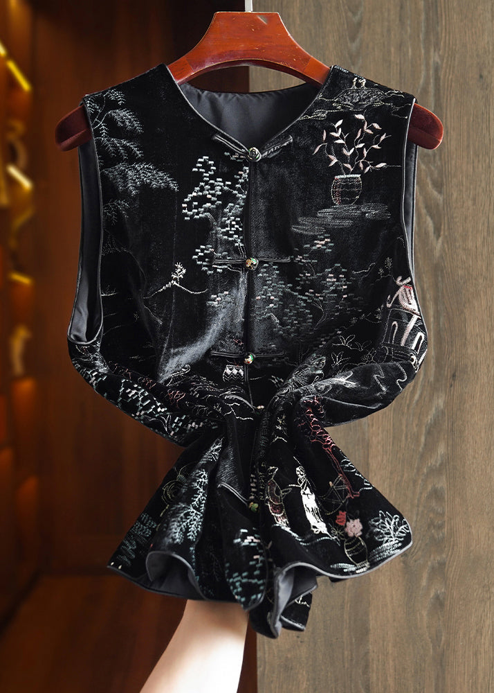 Black Embroidered Button Patchwork Silk Velour Waistcoat Fall