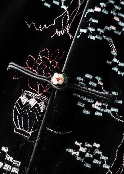 Black Embroidered Button Patchwork Silk Velour Waistcoat Fall
