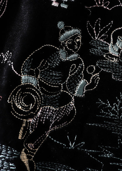 Black Embroidered Button Patchwork Silk Velour Waistcoat Fall
