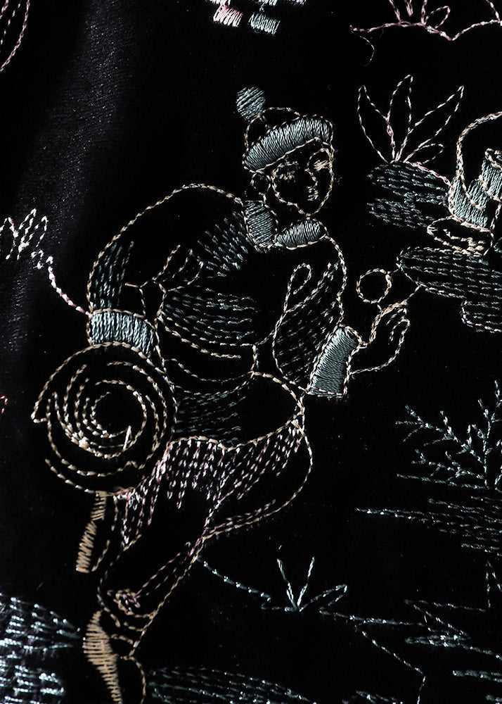 Black Embroidered Button Patchwork Silk Velour Waistcoat Fall