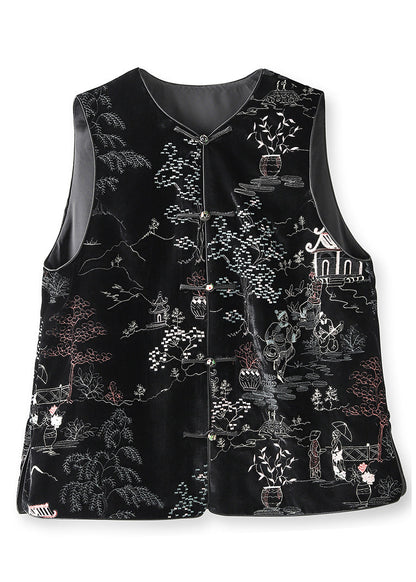 Black Embroidered Button Patchwork Silk Velour Waistcoat Fall