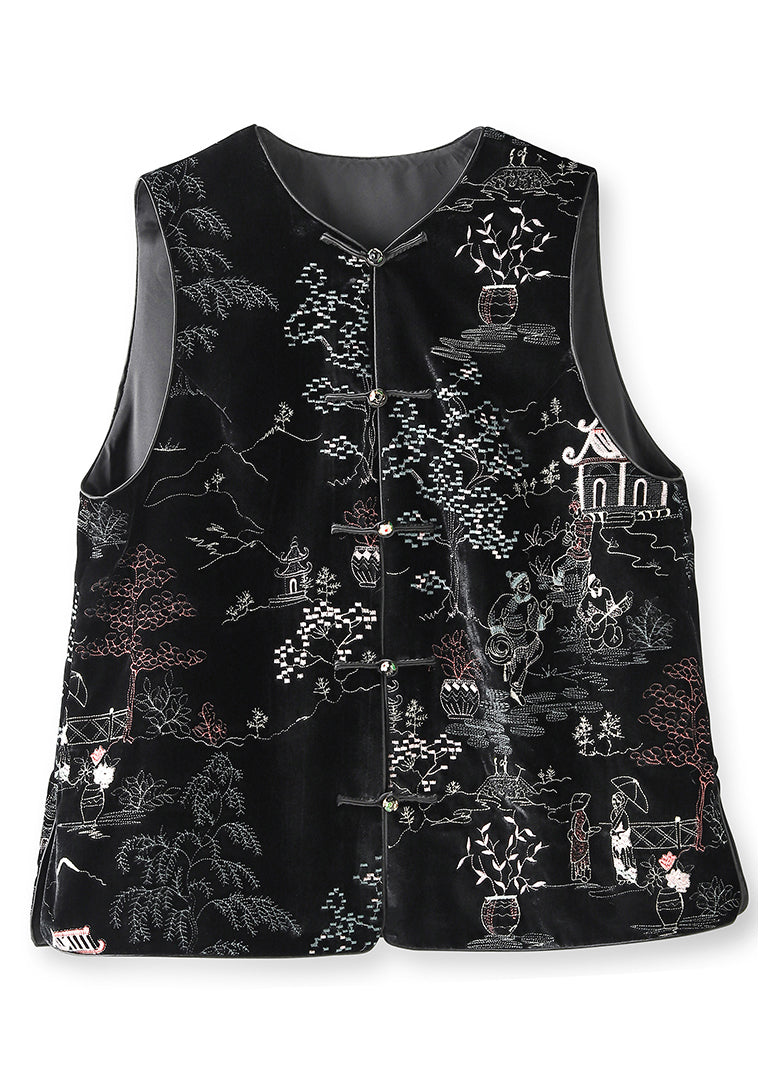 Black Embroidered Button Patchwork Silk Velour Waistcoat Fall
