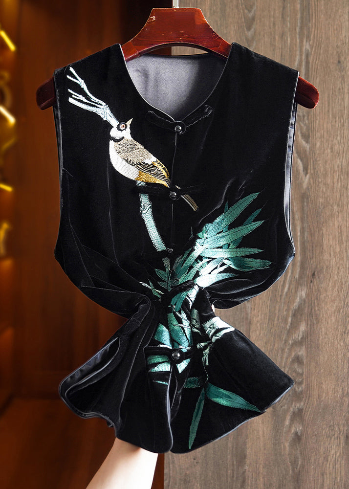Black Embroidered Button Patchwork Silk Velour Waistcoat Sleeveless
