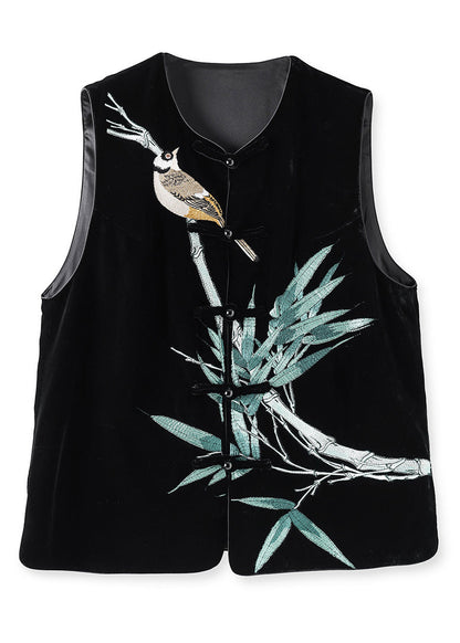 Black Embroidered Button Patchwork Silk Velour Waistcoat Sleeveless