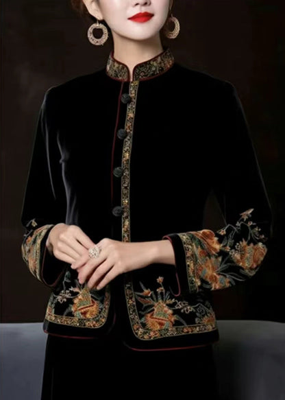 Black Print Button Silk Coats Long Sleeve